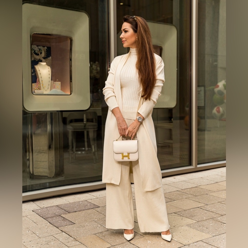 Elegant Cream Women 3 piece set pants, long cardigan, turtleneck sleeveless top